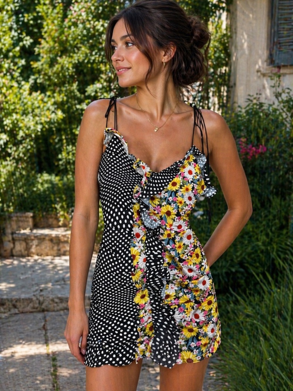 Floral Polka Dot Ruffle Mini Dress - Black/Multicolor